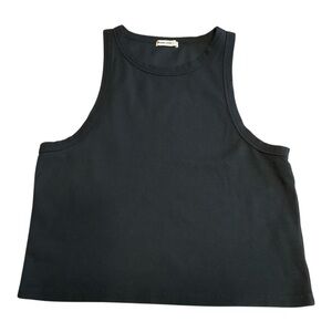 Marine layer Lexi Rib Sun-In High Neck Crop Tank Top XL Black Minimalist